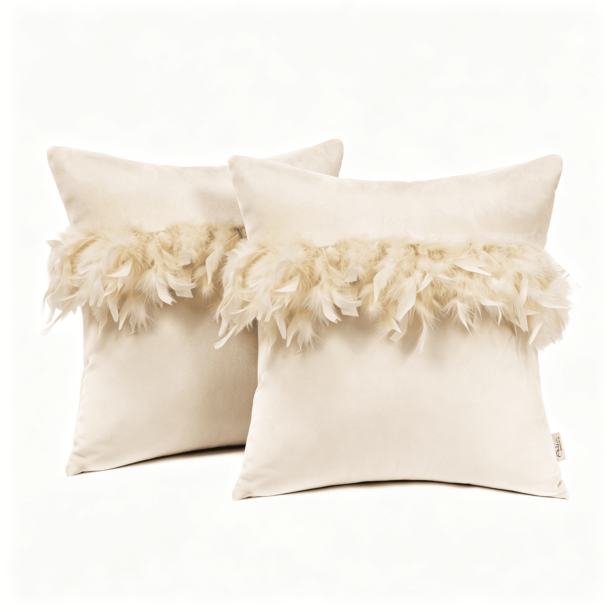 Phantoscope Feather Velvet Decorative Throw Pillows, 18 x 18 in, Beige, 2 Pack