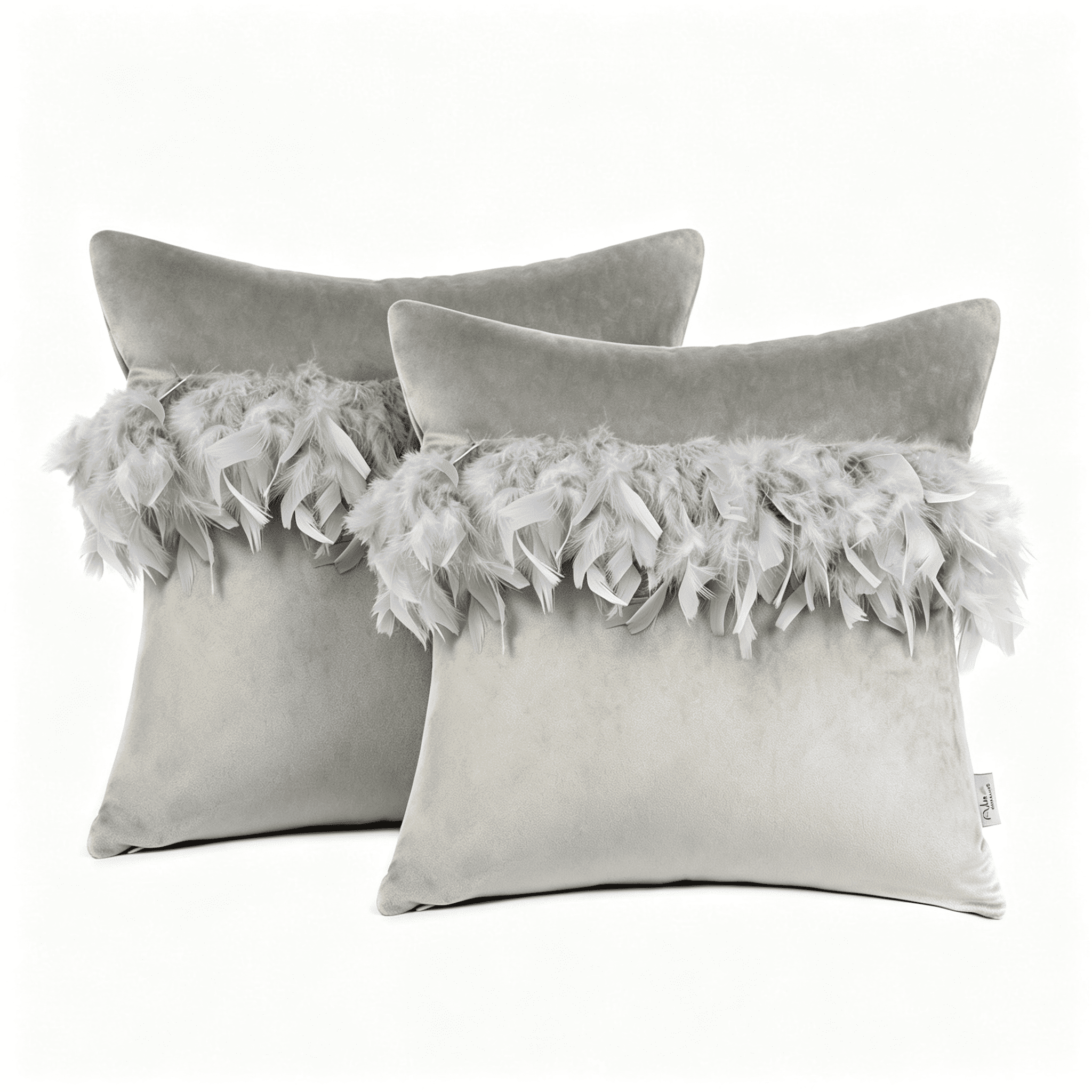 Phantoscope Feather Velvet Decorative Throw Pillows, 18 x 18 in, Light Gray, 2 Pack