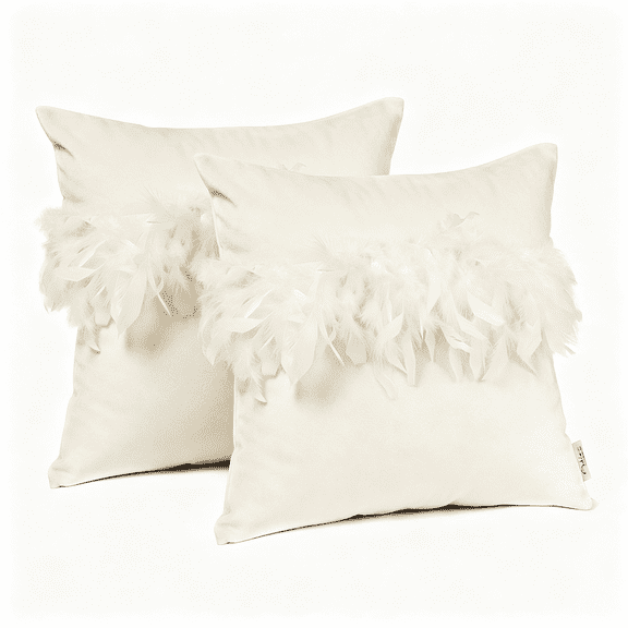 Phantoscope Feather Velvet Decorative Throw Pillows, 18 x 18 in, Off White, 2 Pack