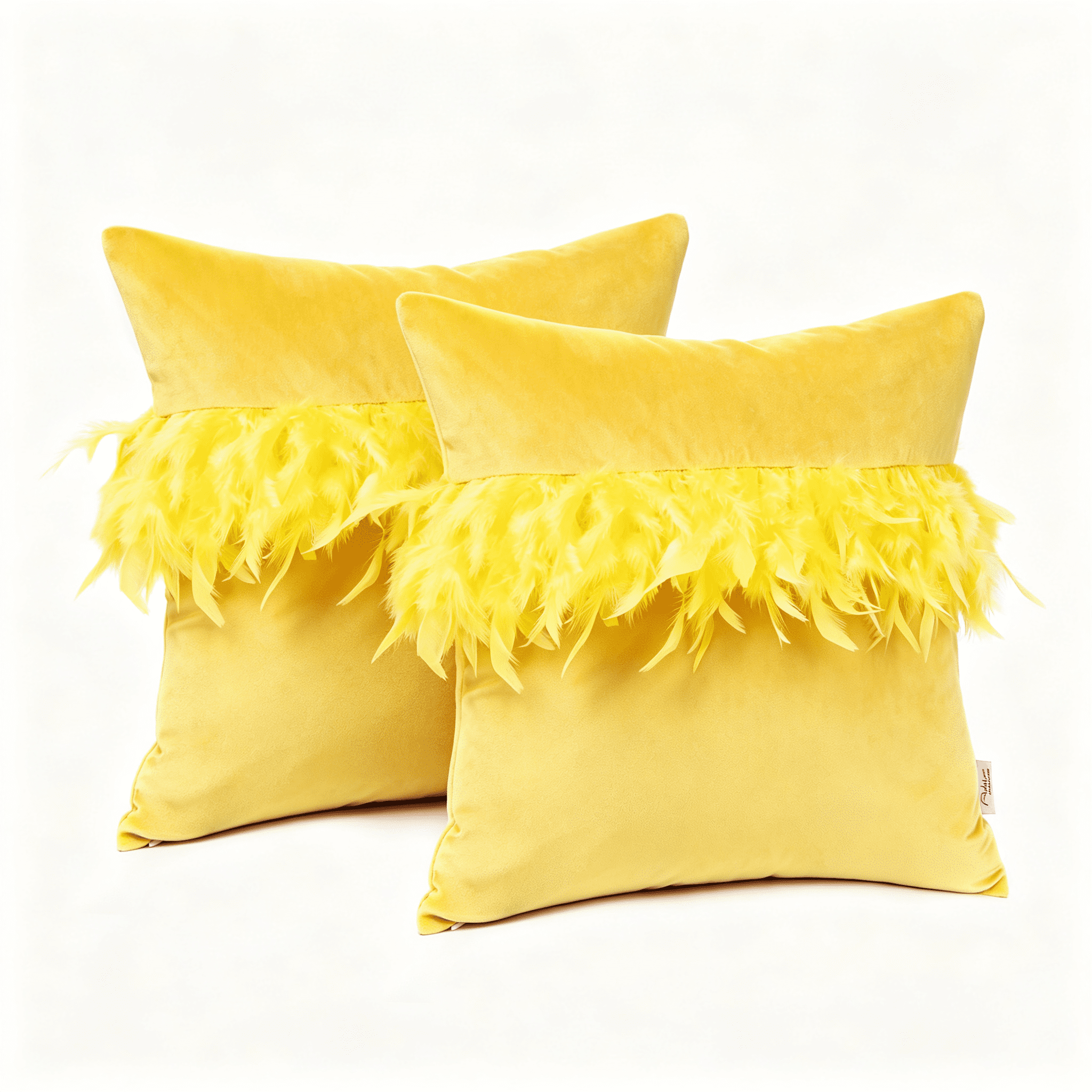 Phantoscope Feather Velvet Decorative Throw Pillows, 18 x 18 in, Yellow, 2 Pack