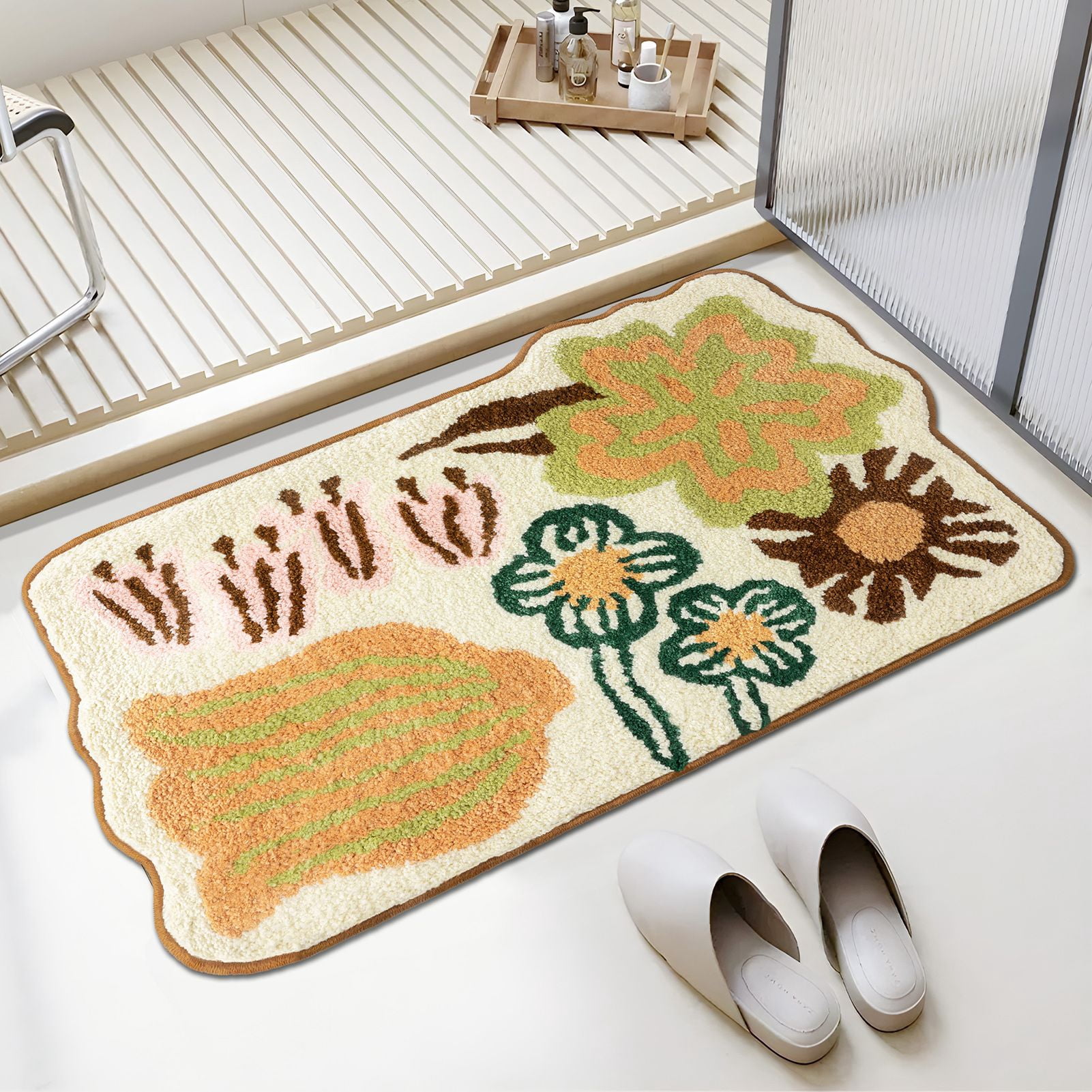 Phantoscope Floral Tufted Bath Mat, Soft Shaggy Non-Slip Water Absorbent Bathroom Rug, Beige, 20 x 32 in