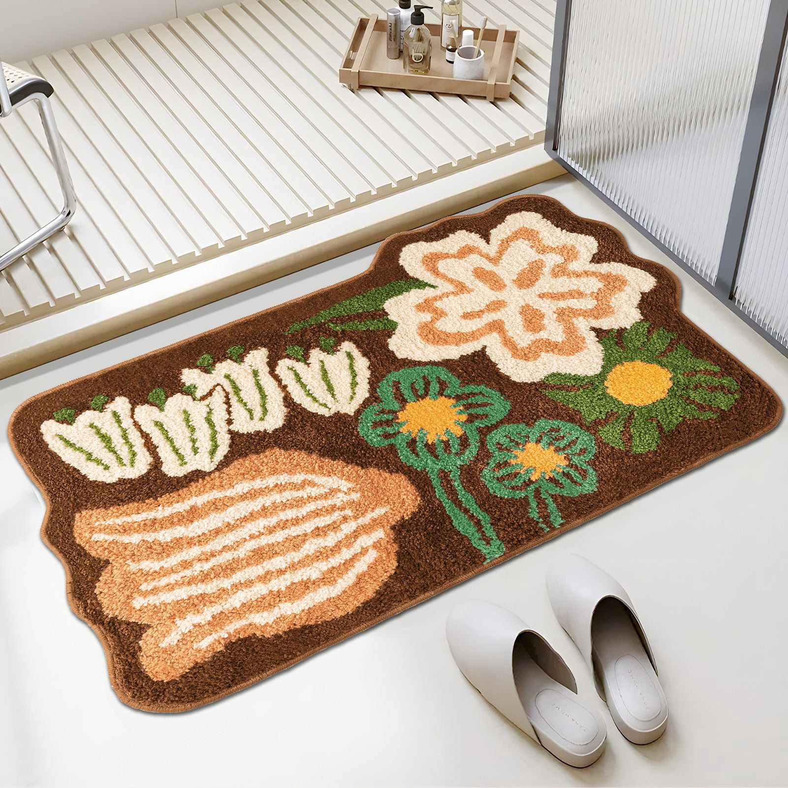 Phantoscope Floral Tufted Bath Mat, Soft Shaggy Non-Slip Water Absorbent Bathroom Rug, Dark Brown, 20 x 32 in