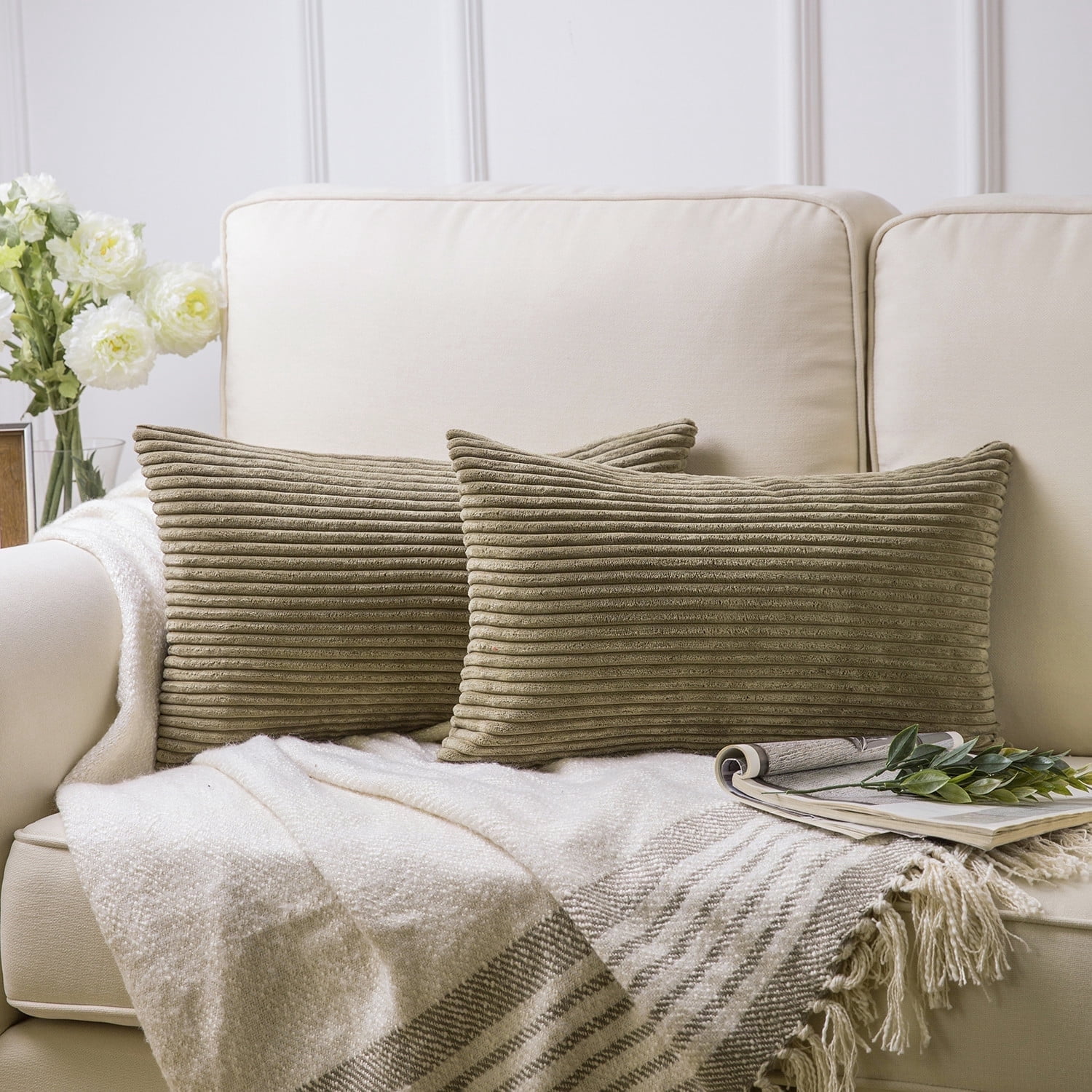 Phantoscope Pillow Covers Set of 2, 12x20 inch, Corduroy Velvet, Light Brown, Decorative Couch Cushion Covers