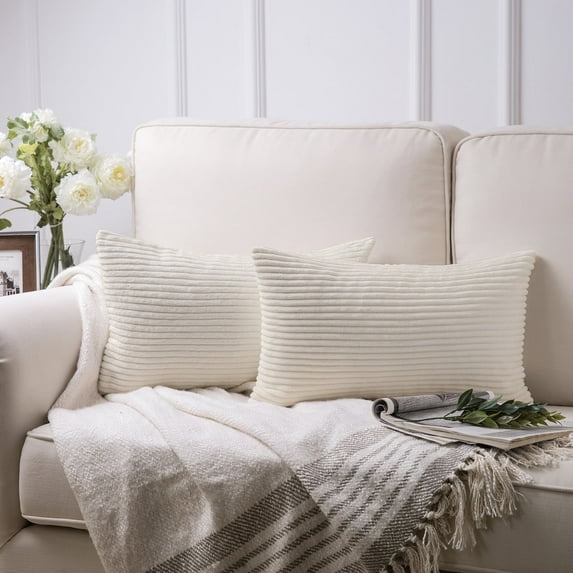 Phantoscope 20 Inch x 12 Inch Contemporary Off White Solid Print Corduroy Decorative Pillow Case, Zip Closure, 2 Count
