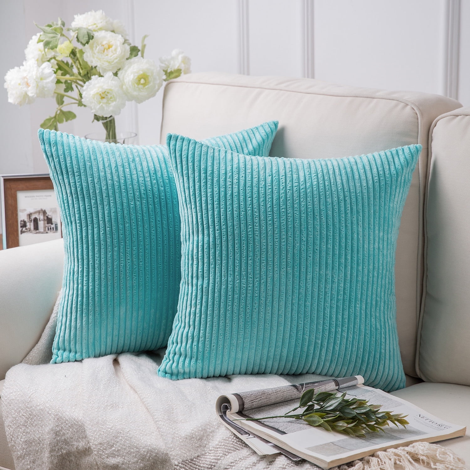 Phantoscope Corduroy Pillow Covers Set of 2, 18x18 Inch Solid Color Square Decorative Throw Pillow Cases for Couch, Plush Velvet & Soft Accent Cushion Covers, Aqua
