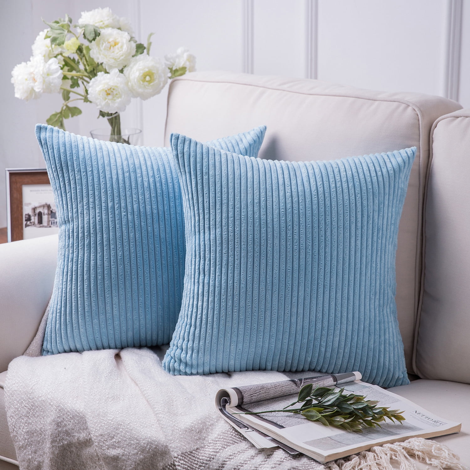 Navy Blue Corduroy Square Throw Pillow Set, 18" x 18"
