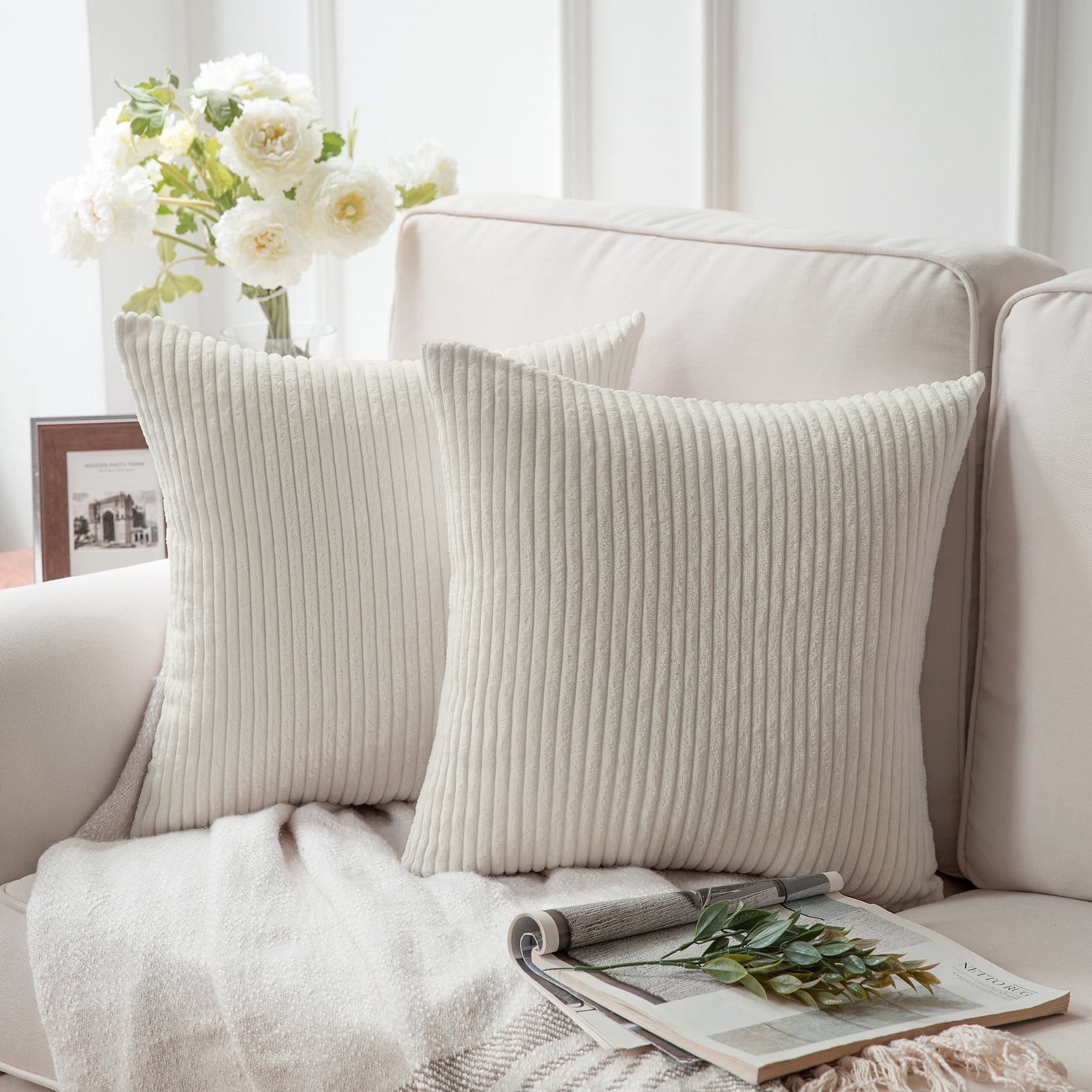 Phantoscope Pillow Covers Set of 2, 20x20 inch, Corduroy Velvet, Off White, Decorative Couch Cushion Covers