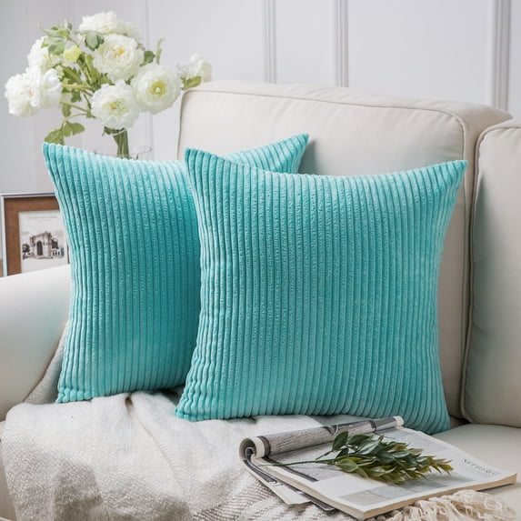 Phantoscope Fluffy Corduroy Velvet Solid Color Suqare Cusion Accent Decorative Throw Pillow Covers for Couch, 22" x 22", Aqua, 2 Pack
