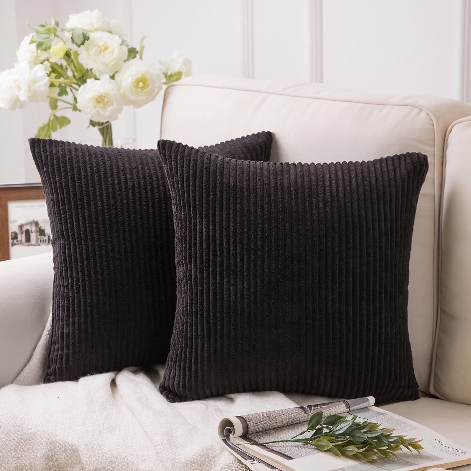 Phantoscope Corduroy Velvet Pillow Covers 22x22 Inches Black