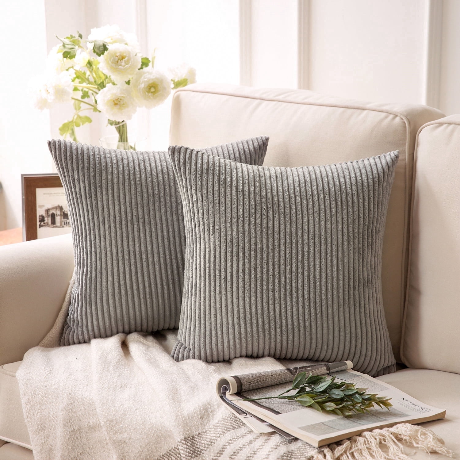 Phantoscope Fluffy Corduroy Velvet Solid Decorative Throw Pillow Cover, 22" x 22", Gray, 2 Pack