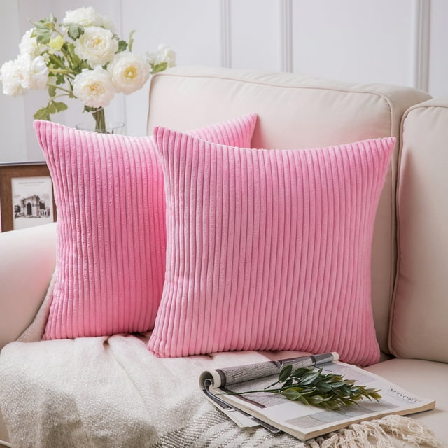 Phantoscope Fluffy Corduroy Velvet Solid Color Suqare Cusion Accent Decorative Throw Pillow Covers for Couch, 22" x 22", Pink, 2 Pack