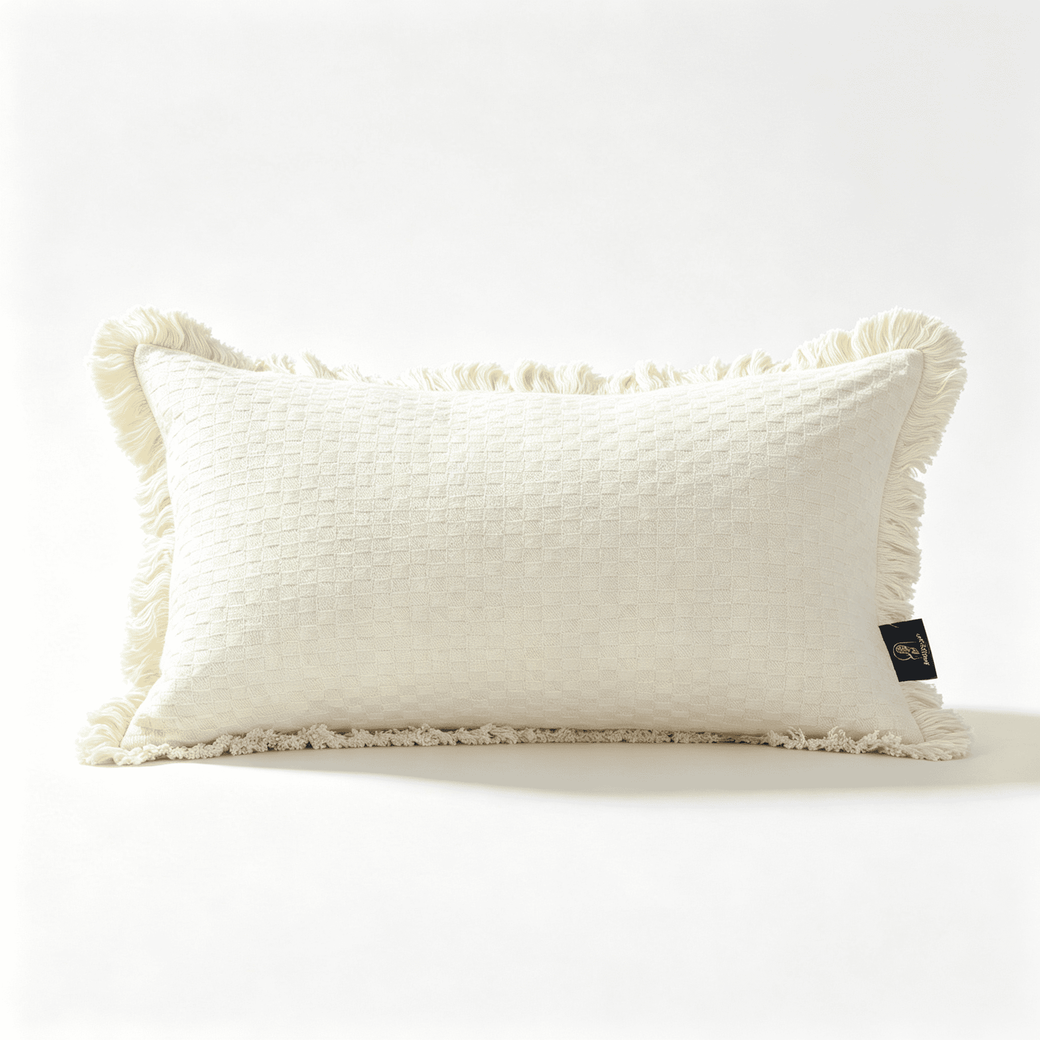 Phantoscope Fringe Trim Textured Woven Decorative Throw Pillow with Insert, Boho Checker Pattern, Cream, 12 x 20 in, 1 Pack