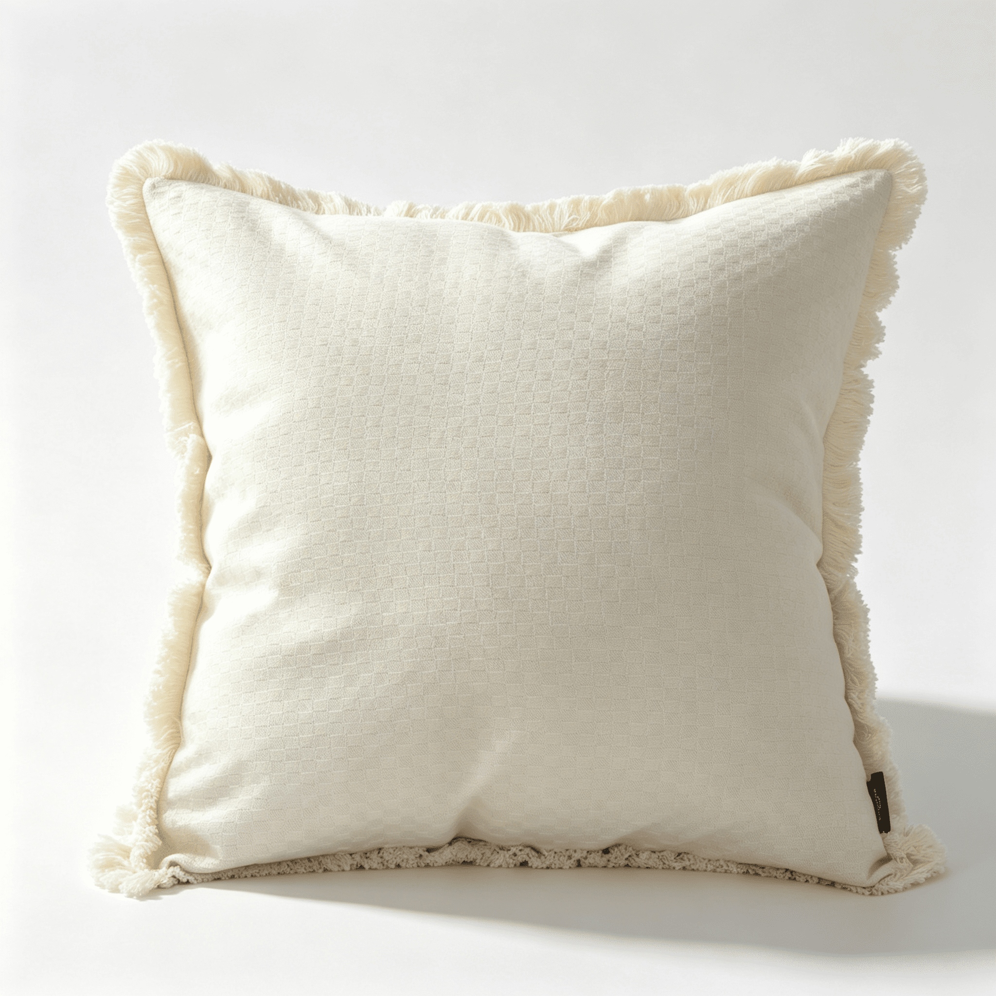 Phantoscope Fringe Trim Textured Woven Decorative Throw Pillow with Insert, Boho Checker Pattern, Cream, 20 x 20 in, 1 Pack