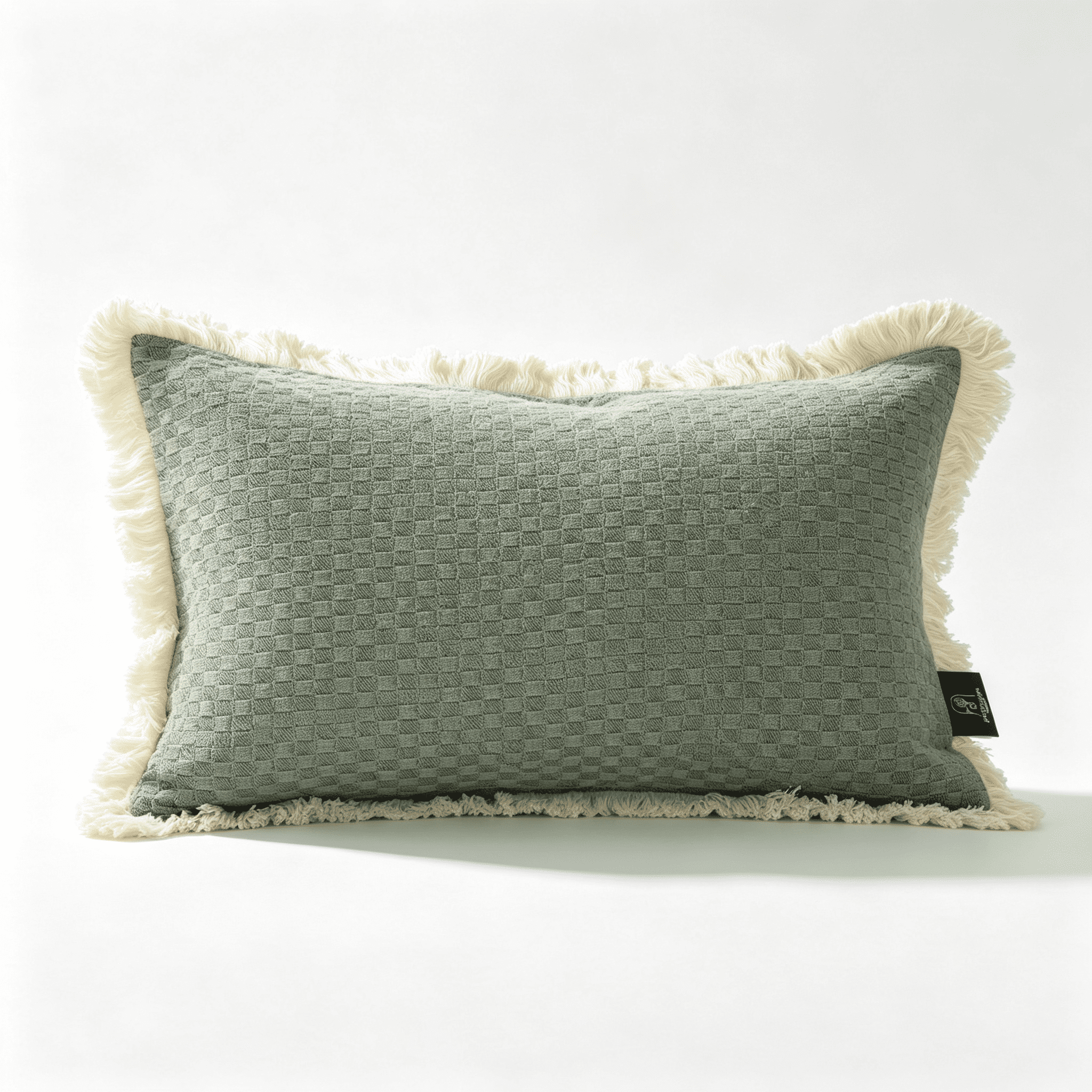 Phantoscope Fringe Trim Textured Woven Decorative Throw Pillow with Insert, Boho Checker Pattern, Dark Green, 12 x 20 in, 1 Pack