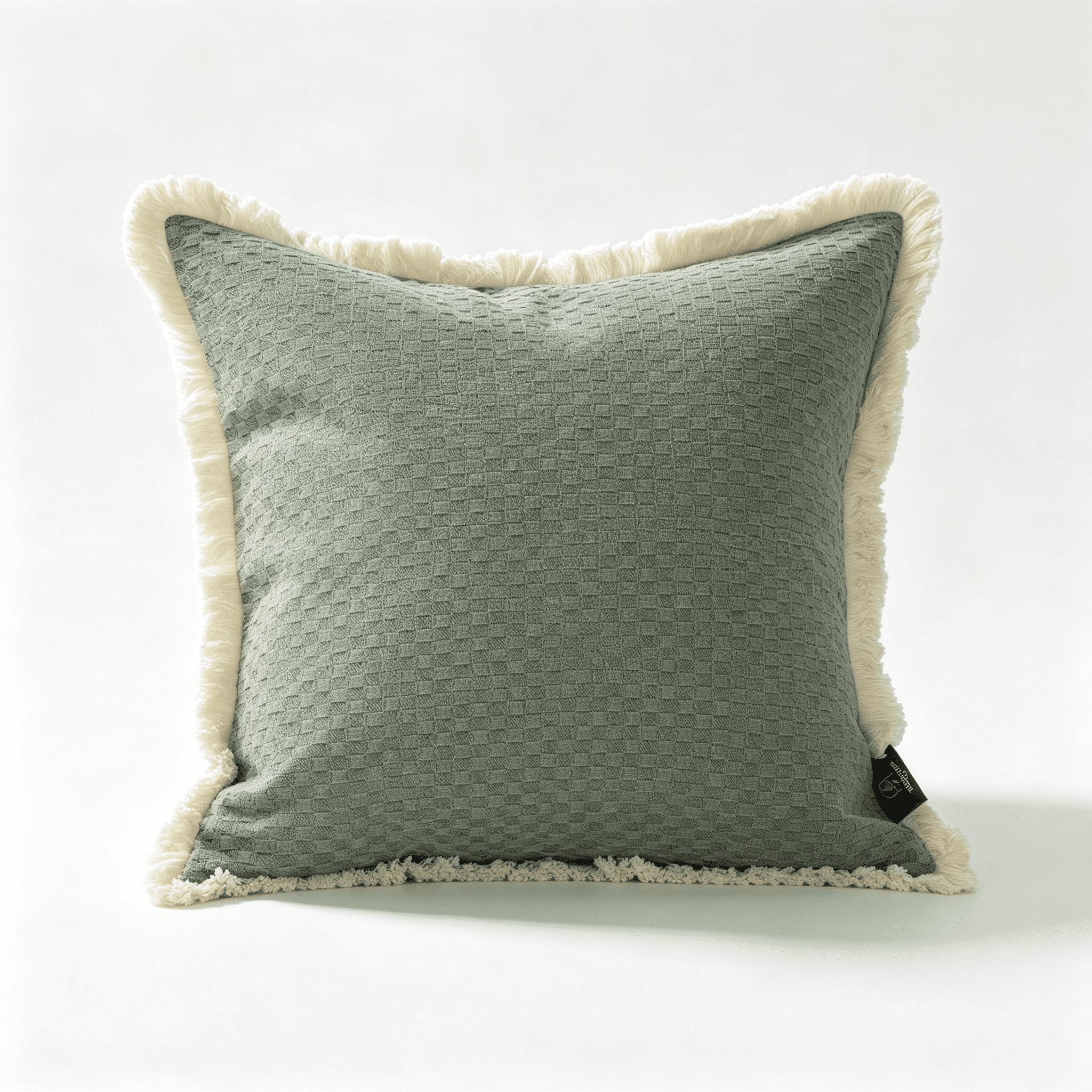 Phantoscope Fringe Trim Textured Woven Decorative Throw Pillow with Insert, Boho Checker Pattern, Dark Green, 20 x 20 in, 1 Pack