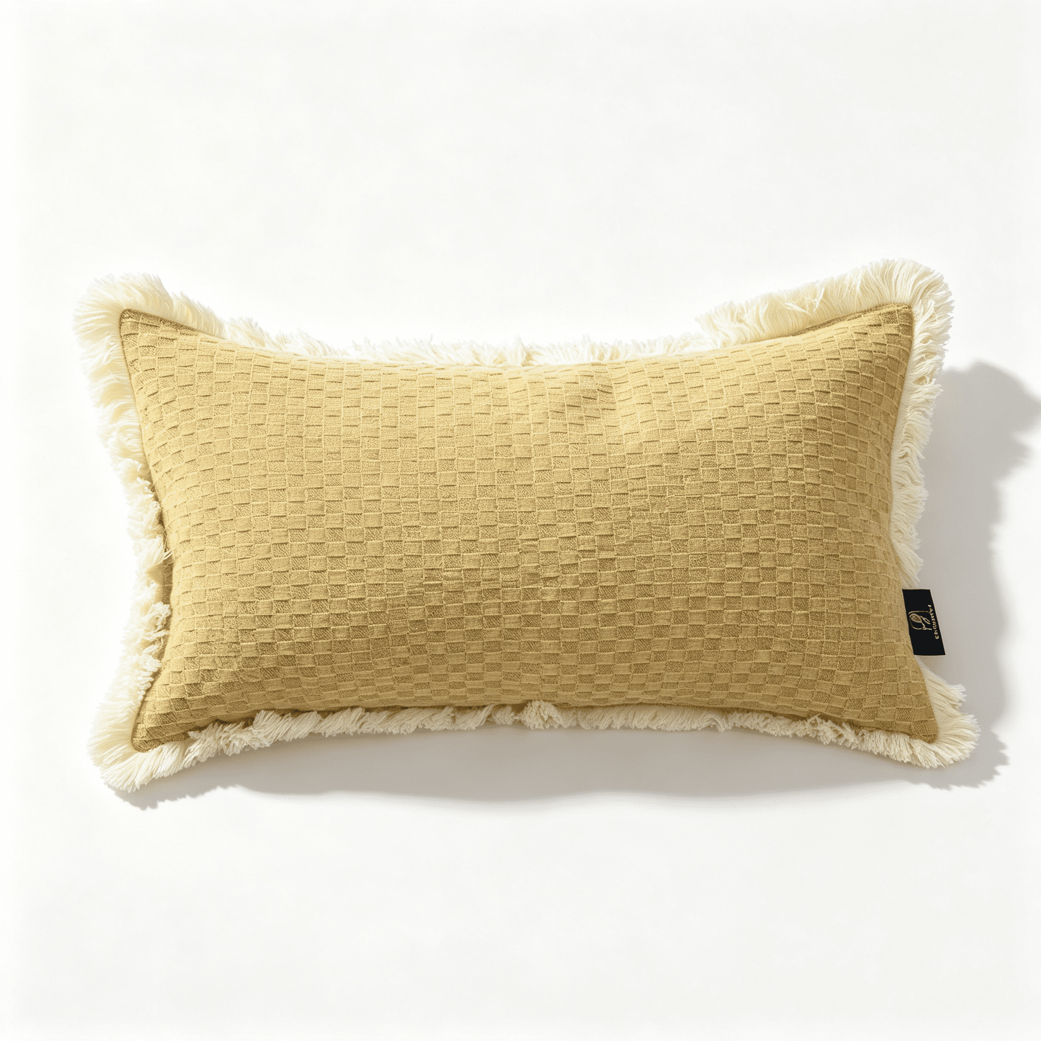 Phantoscope Fringe Trim Textured Woven Decorative Throw Pillow with Insert, Boho Checker Pattern, Light Brown, 12 x 20 in, 1 Pack