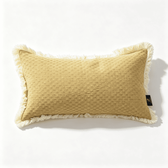 Phantoscope Fringe Trim Textured Woven Decorative Throw Pillow with Insert, Boho Checker Pattern, Light Brown, 12 x 20 in, 1 Pack