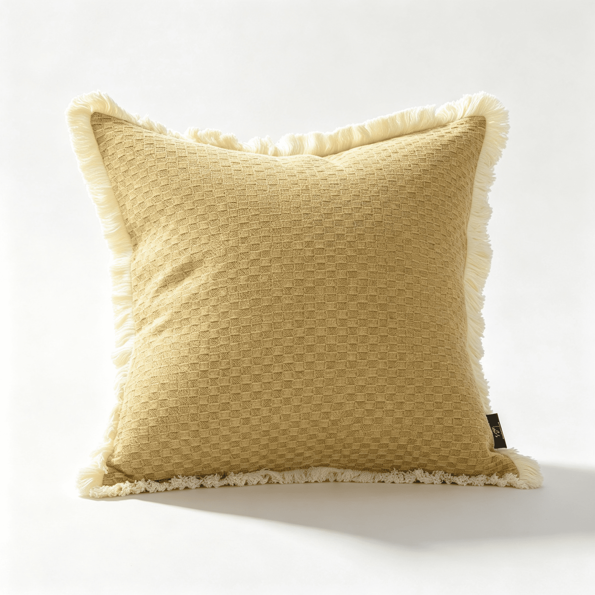 Phantoscope Fringe Trim Textured Woven Decorative Throw Pillow with Insert, Boho Checker Pattern, Light Brown, 20 x 20 in, 1 Pack