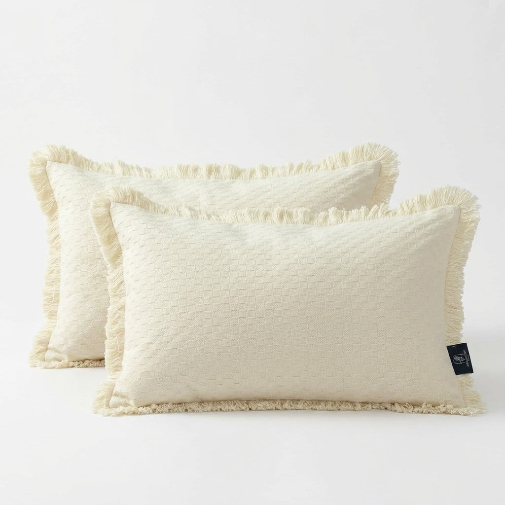 Phantoscope Fringe Trim Textured Woven Decorative Throw Pillows with Inserts, Boho Checker Pattern, Cream, 12 x 20 in, 2 Pack