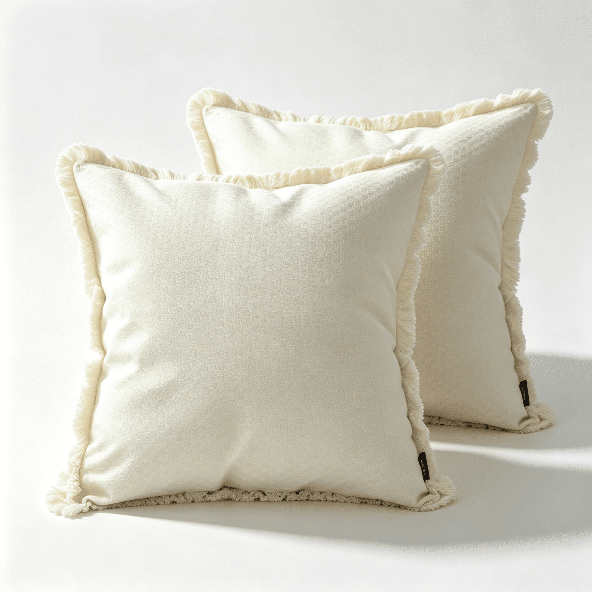 Phantoscope Fringe Trim Textured Woven Decorative Throw Pillows with Inserts, Boho Checker Pattern, Cream, 20 x 20 in, 2 Pack