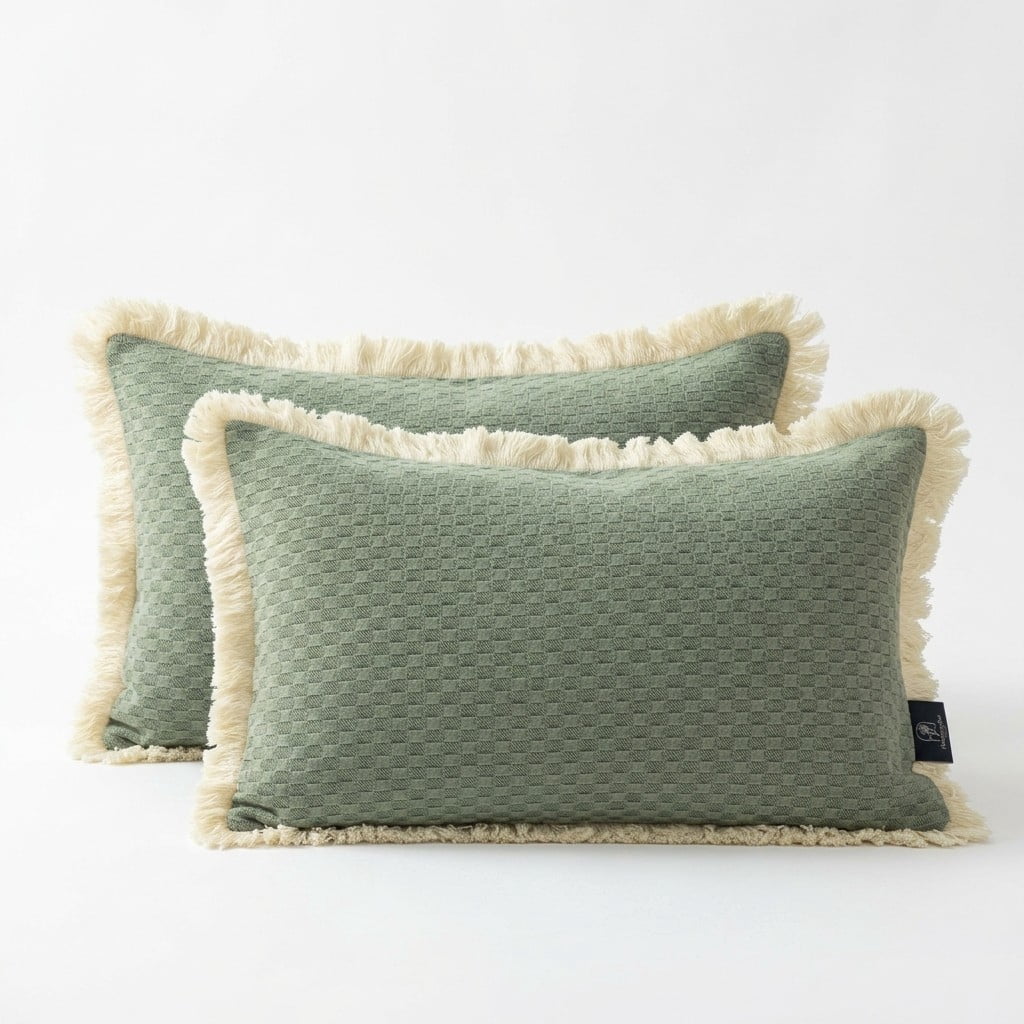 Phantoscope Fringe Trim Textured Woven Decorative Throw Pillows with Inserts, Boho Checker Pattern, Dark Green, 12 x 20 in, 2 Pack