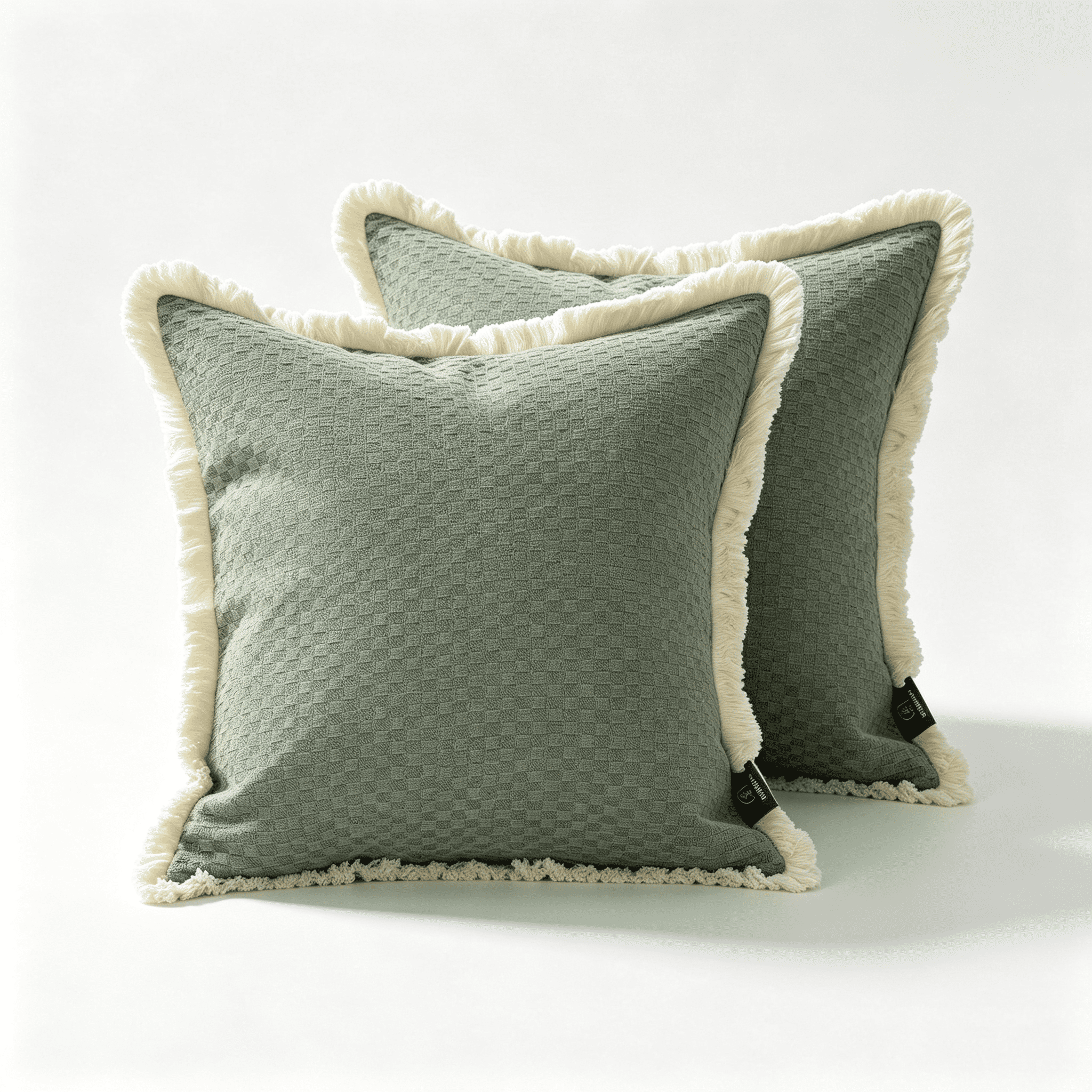 Phantoscope Fringe Trim Textured Woven Decorative Throw Pillows with Inserts, Boho Checker Pattern, Dark Green, 20 x 20 in, 2 Pack