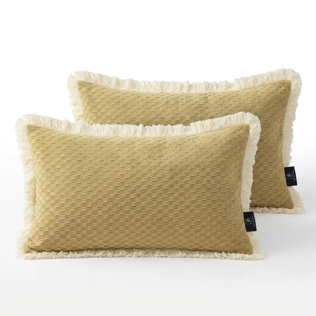 Phantoscope Fringe Trim Textured Woven Decorative Throw Pillows with Inserts, Boho Checker Pattern, Light Brown, 12 x 20 in, 2 Pack