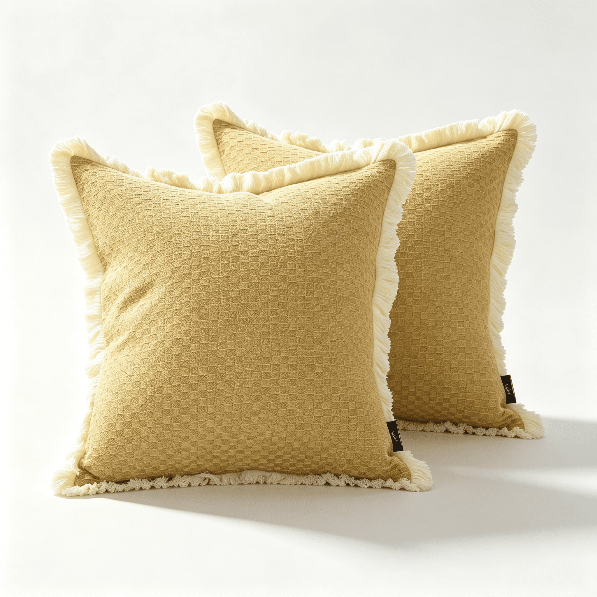 Phantoscope Fringe Trim Textured Woven Decorative Throw Pillows with Inserts, Boho Checker Pattern, Light Brown, 20 x 20 in, 2 Pack