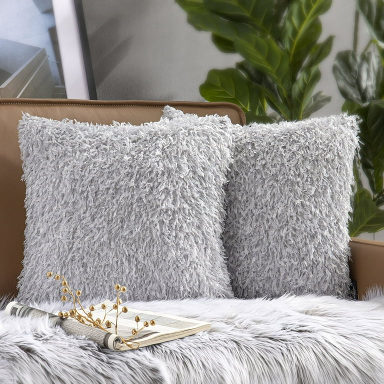 Luxury Mongolian Fluffy Faux Fur Series Square Decorative Throw Pillow  Cusion for Couch, 18 x 18, Gray, 2 Pack