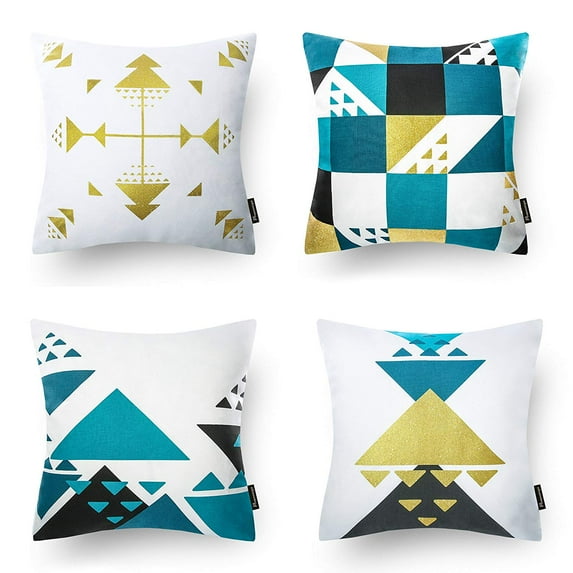 Phantoscope Geometric 100% Cotton Series Decorative Throw Pillow Cover, 18" x 18", Blue/Gold, 4 Pack