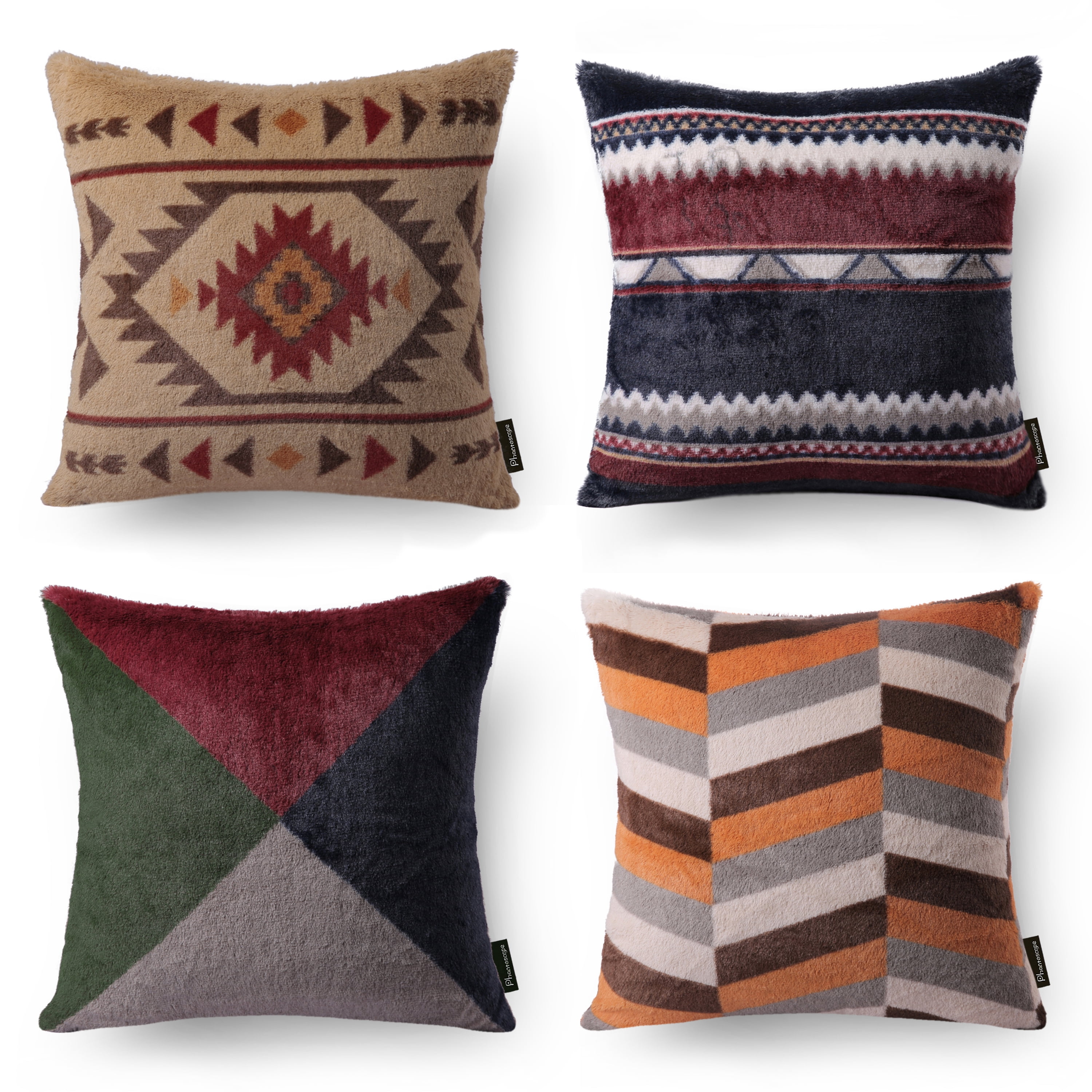 Phantoscope Geometric Series A Faux Fur Vintage Indian Decorative Throw Pillow for Couch, 18" x 18", 4 Pack, Full Pillows