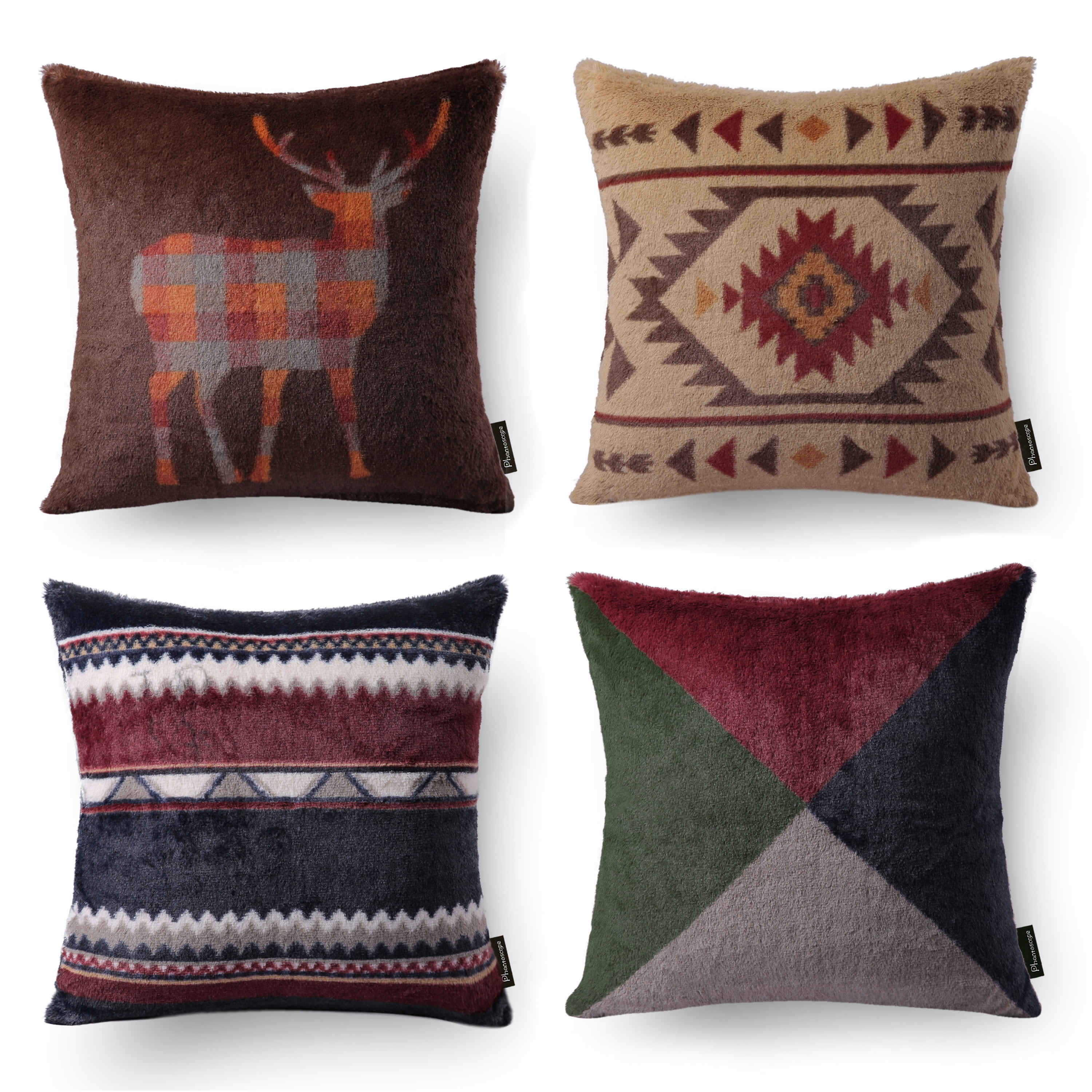 Phantoscope Geometric Series D Faux Fur Vintage Indian Decorative Throw Pillow for Couch, 18" x 18", 4 Pack