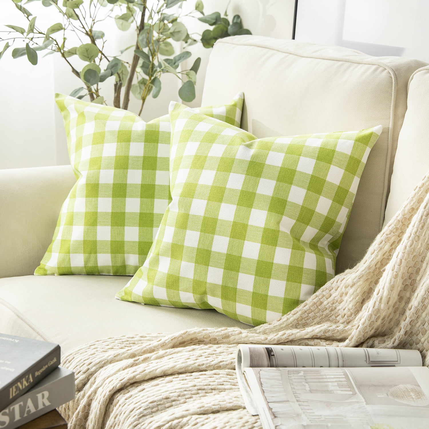 Phantoscope Gingham Checker Plaid Farmhouse Spring Decorative Throw Pillow, 18" x 18", Green and White, 2 Pack