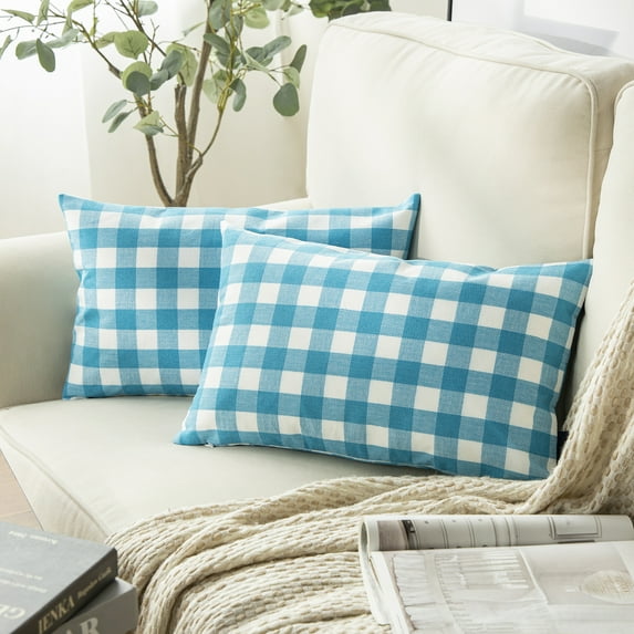 Phantoscope Gingham Checker Plaid Farmhouse Summer Square Decorative Throw Pillow for Couch, 12" x 20", Blue/White, 2 Pack