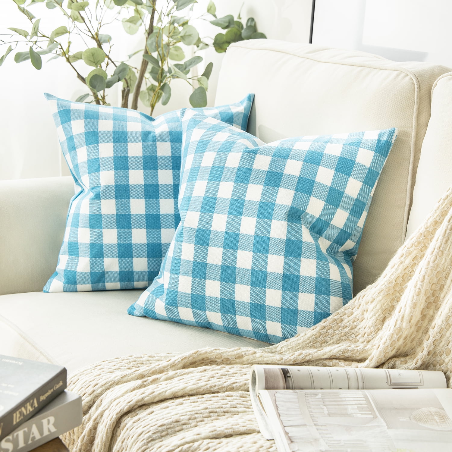 Phantoscope Gingham Checker Plaid Farmhouse Summer Square Decorative Throw Pillow for Couch, 20" x 20", Blue/White, 2 Pack