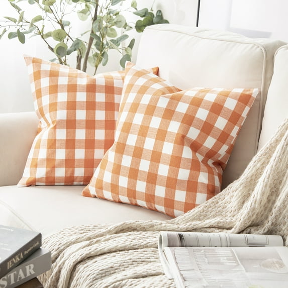 Phantoscope Gingham Checker Plaid Farmhouse Summer Square Decorative Throw Pillow for Couch, 20" x 20", Orange/White, 2 Pack