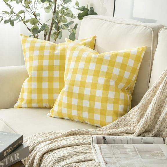 Phantoscope Gingham Checker Plaid Farmhouse Summer Square Decorative Throw Pillow for Couch, 20" x 20", Yellow/White, 2 Pack