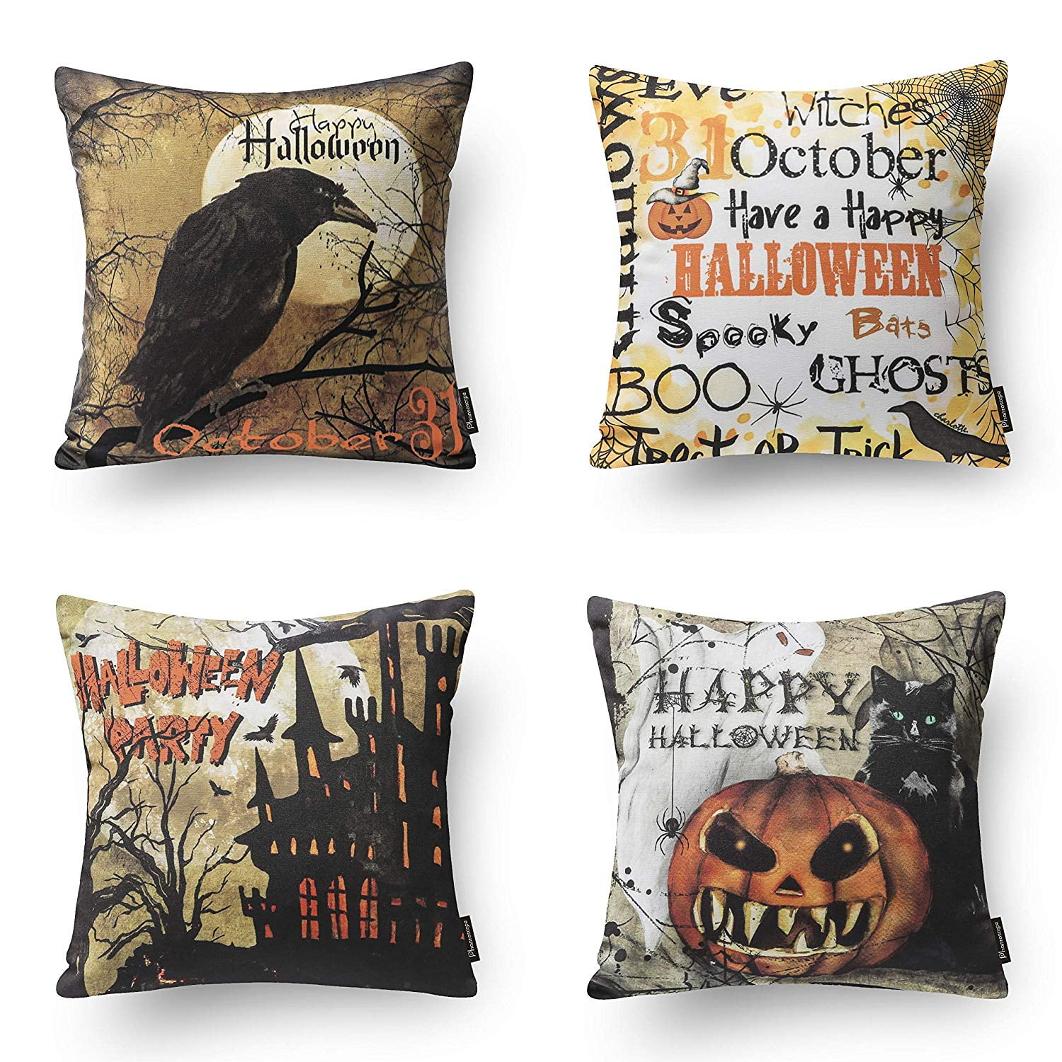 Phantoscope Halloween Collection Decorative Throw Pillow, 18" x 18", Night Crow, 4 Pack