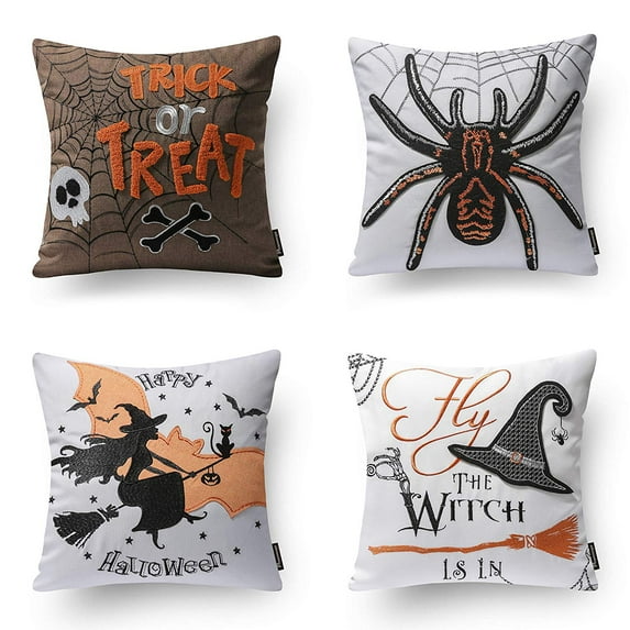Phantoscope Halloween Holiday Collection Embroidery Decorative Throw Pillow Cover, 18" x 18", Orange Embroidery Spider, 4 Pack