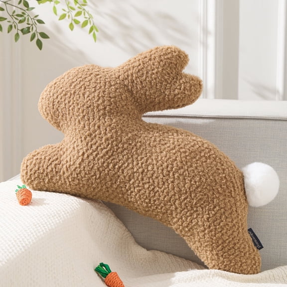 Phantoscope Happy Easter Rabbit Shaped Teddy Fleece Soft Throw Pillow for Bedroom Living Room Decor Easter Gift, 14.5" x 21.5", Beige, 1 Pack
