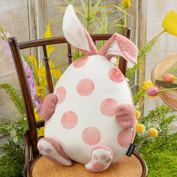 Phantoscope Happy Easter Shaped Plush Sherpa Egg Throw Pillow with Bunny Ears & Tail & Mottled Polka Dot for Living Room Bedroom, 16.5"x14", Pink, 1 Pack