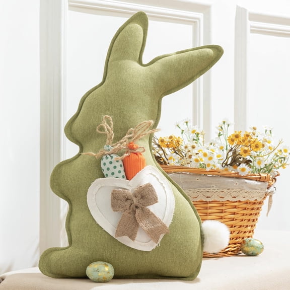 Phantoscope Happy Easter Throw Pillow, Linen Rabbit Shaped Decorative Pillow with Bow & Removable Carrot, Green Easter Cushion for Couch Sofa Bed Chair, 20" x 11"