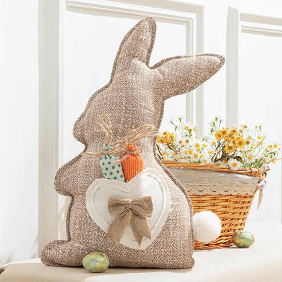Phantoscope Happy Easter Throw Pillow, Linen Rabbit Shaped Decorative Pillow with Bow & Removable Carrot, Natural Linen Easter Cushion for Couch Sofa Bed Chair, 20" x 11"