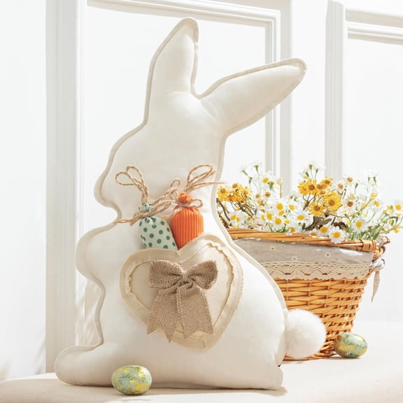 Phantoscope Happy Easter Throw Pillow, Linen Rabbit Shaped Decorative Pillow with Bow & Removable Carrot, Off White Easter Cushion for Couch Sofa Bed Chair, 20" x 11"