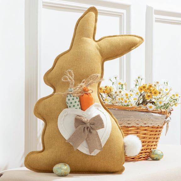 Phantoscope Happy Easter Throw Pillow, Linen Rabbit Shaped Decorative Pillow with Bow & Removable Carrot, Yellow Easter Cushion for Couch Sofa Bed Chair, 20" x 11"