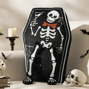 Phantoscope Happy Halloween Coffin Shaped Throw Pillow with 3D Skull Legs, Black, 20 x 12 inch