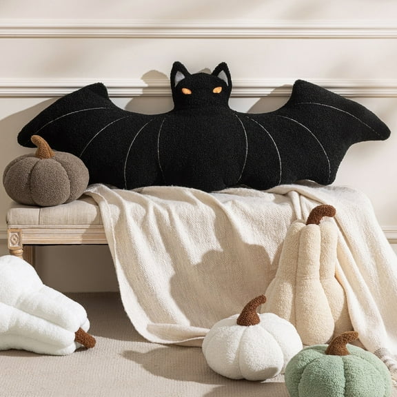 Phantoscope Happy Halloween Faux Fur Bat Shaped Throw Pillow, Black, 22 x 48 inch
