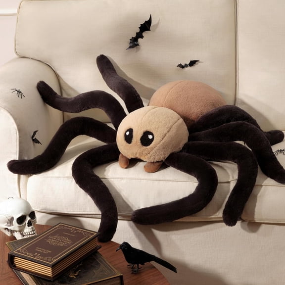 Phantoscope Happy Halloween Faux Rabbit Fur Spider Shaped Throw Pillow, Coffee, 9.5 x 18 inch