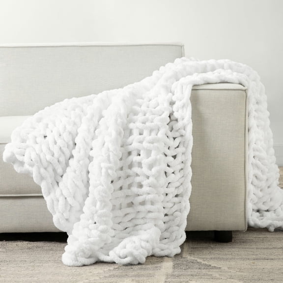 Phantoscope Herringbone Chunky Knit Throw Blanket, Cozy Fluffy Lightweight Blankets for Bed, Sofa, Suitable for All Season, White, 50x60 inches