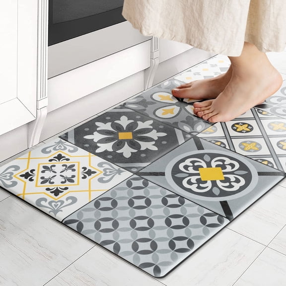 Phantoscope Leather Print Kitchen Mat, Cushioned Anti-Fatigue Floor Rug, Non-Slip Waterproof, Light Gray, 17 x 29 in